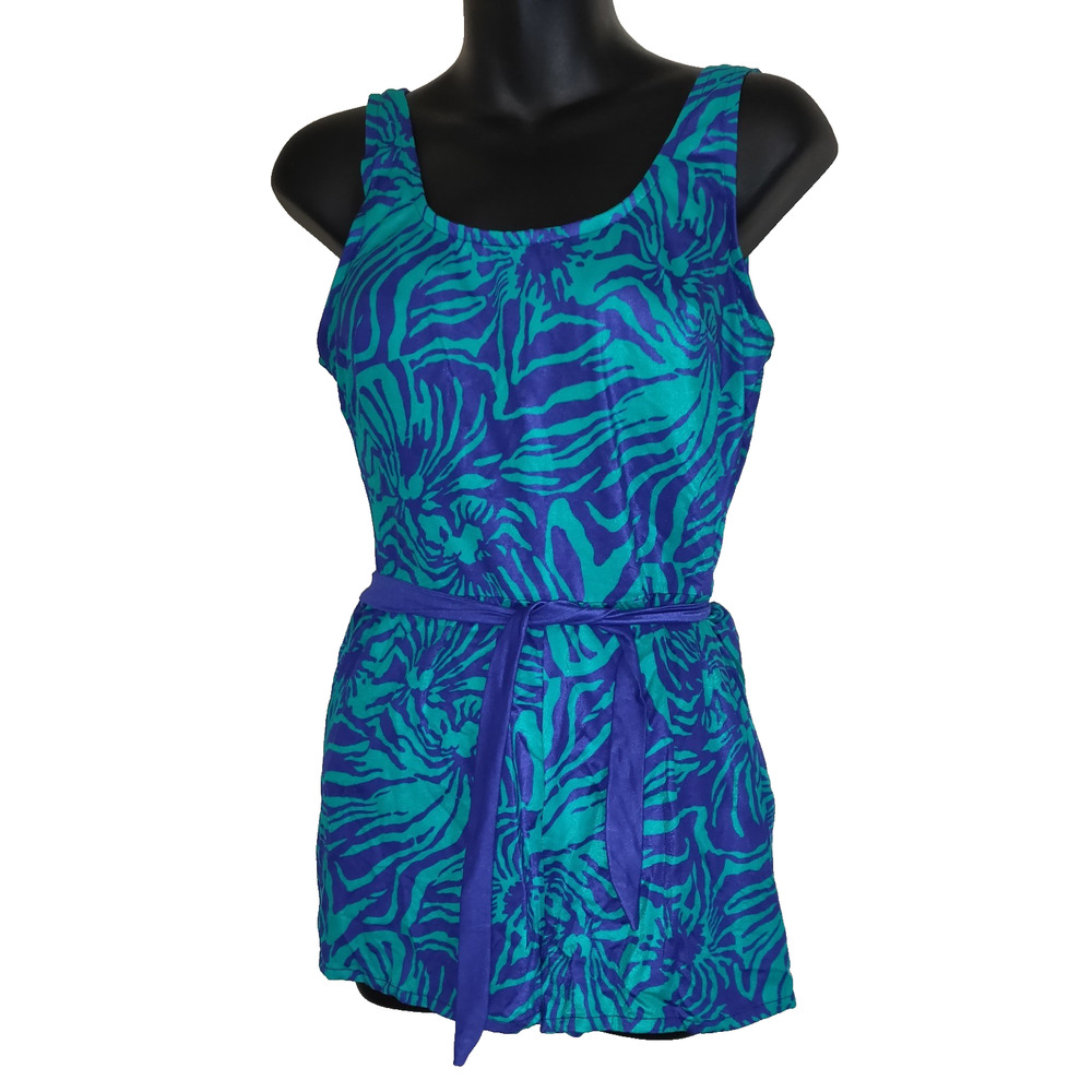 Vintage Esther Williams Swimsuit Sz 16 One Piece Romper Shorts Teal & Blue USA